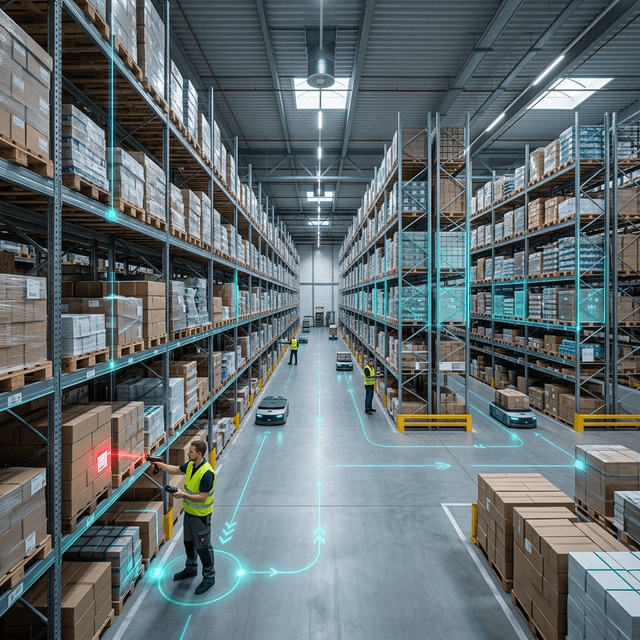 Logistiek warehouse met scanners, pallets en dataflows